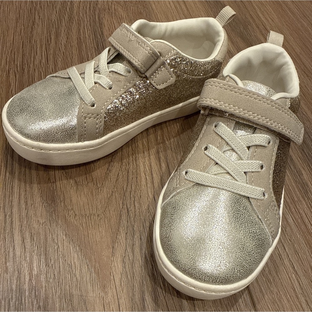 Carters Toddler Size 8 Gold Perrie Sneakers Sparkle Whimsy No Tie VersatileEUC